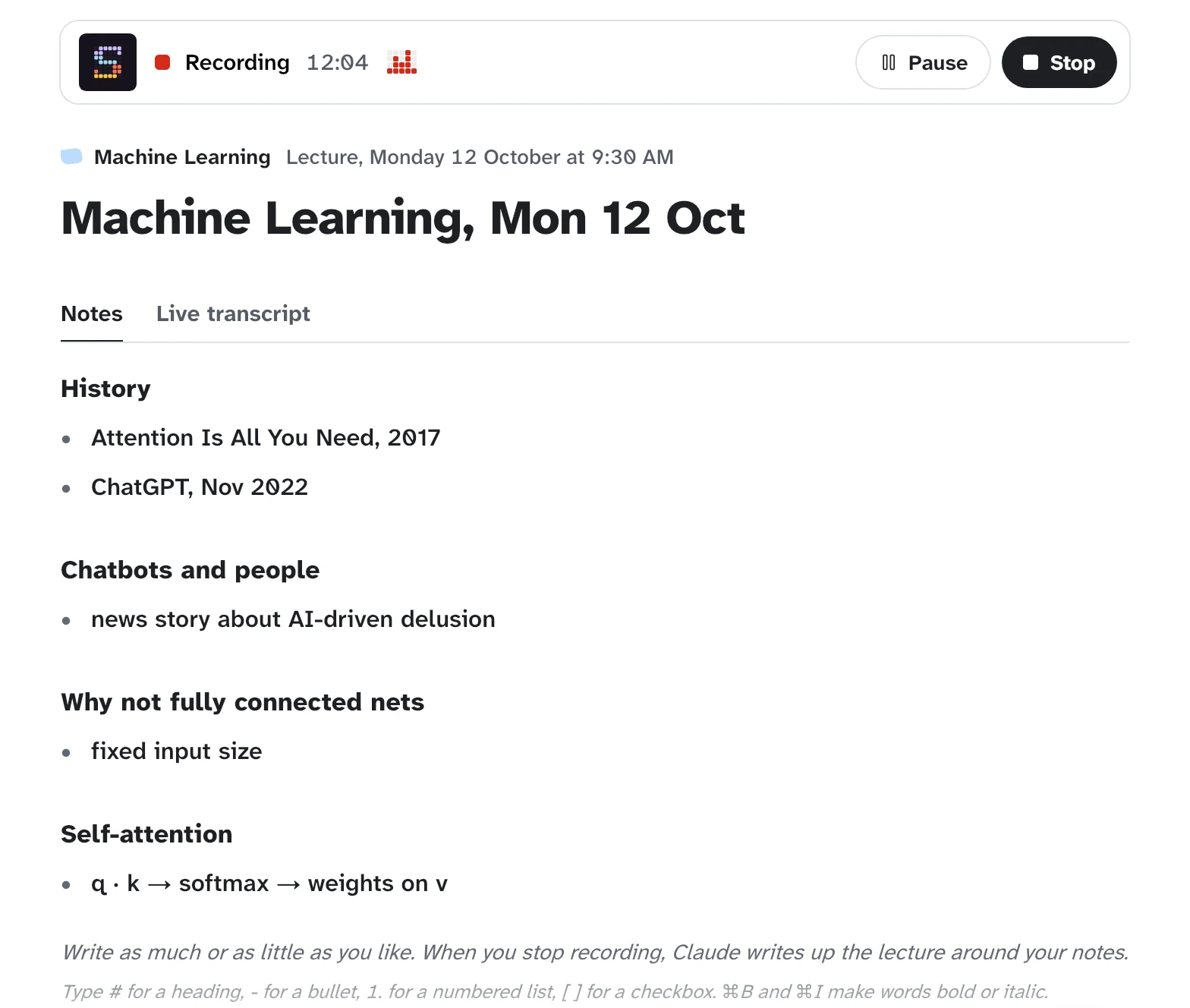 A Machine Learning lecture being recorded: the recording bar with its time, the sound level, Pause and Stop, and the student's own notes typed under Notes as it records.